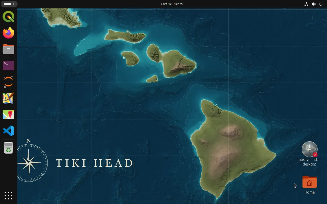 Tiki Head Linux on Ubuntu 26.04 LTS: the GNOME desktop, as the boot test saw it